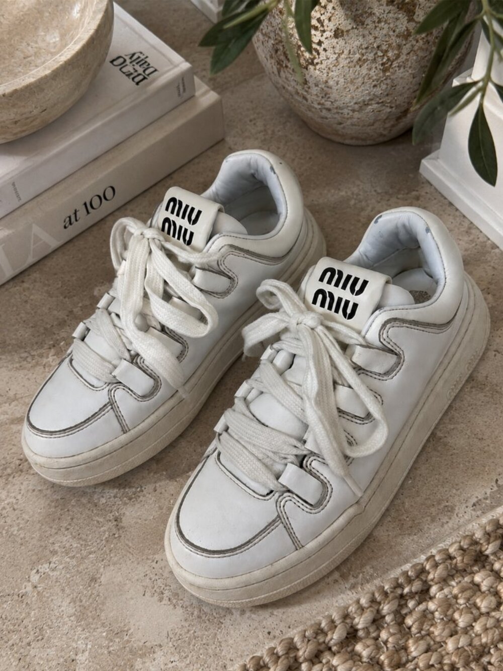 Miu Miu White Leather Logo Low Top Sneakers Made in Italy SIZE 35.5